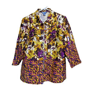 XL KORET Womens Open Front Busy Purple Tan Abstract Blazer Jacket Neck Hook Eye